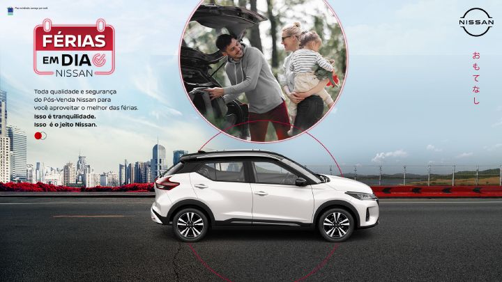 Cartaz da campanha ‘’Férias em Dia Nissan’’  com a imagem ilustrativa de uma carro branco da marca Kicks e uma família junto