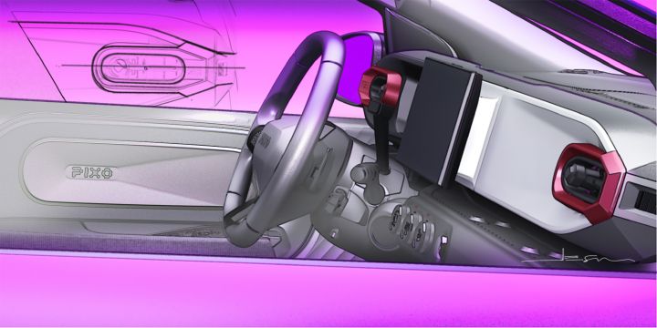 Concept-car interior rendering presenting a futuristic driver cockpit and dashboard layout. Purple ambient lighting, gray steering wheel, center touchscreen, rotary controls, red-trimmed air vents, and faint “Pixo” door branding define sleek design.
