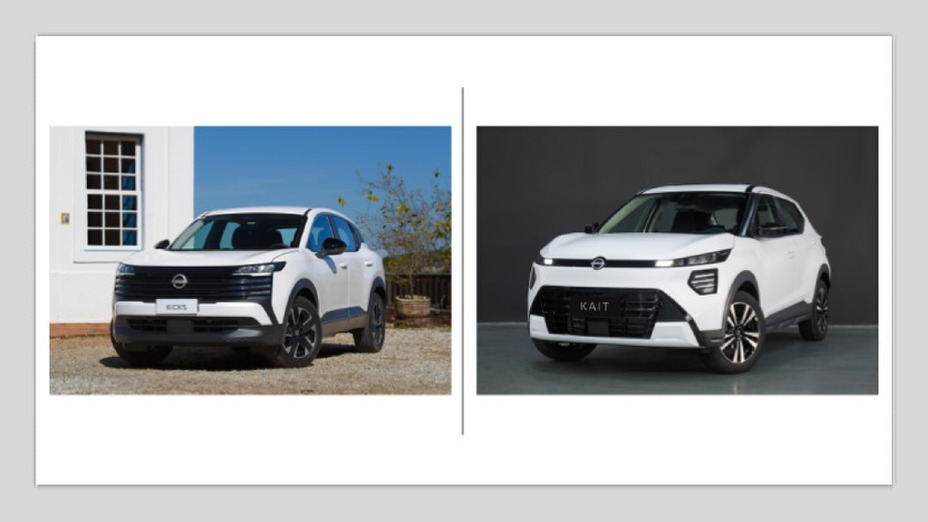 Montagem que coloca lado a lado um Nissan Kait e um Nissan kicks, os dois na cor branca