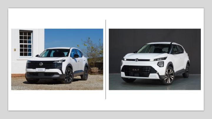 Montagem que coloca lado a lado um Nissan Kait e um Nissan kicks, os dois na cor branca