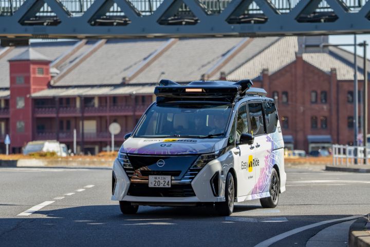 Driverless vehicle is driving on a public road.