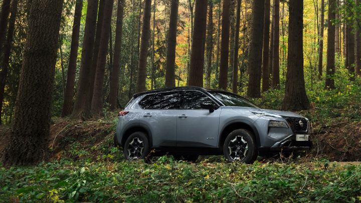Seitenansicht des grauen Nissan X‑Trail N-Trek im grünen Wald