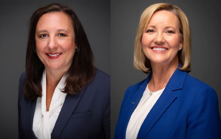 A collage of Kim and Judy’s headshots, both are smiling from the arms up against a gray background.