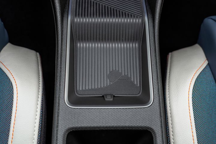centre storage detail showing Mount Fiji easter egg in between driver & passenger seat