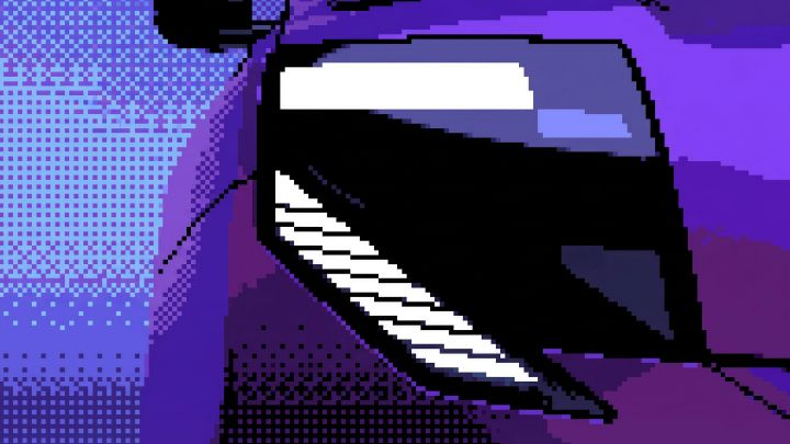 Illustration en pixel art représentant la vue avant d’une voiture futuriste violette. Pare-brise noir, accents lumineux blancs, reflets bleus et fond violet tramé créent une esthétique rétro inspirée des jeux d’arcade.