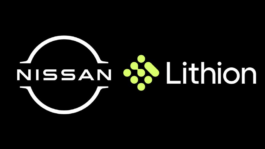 Une infographie des logos de Nissan et de Lithion côte à côte sur un fond noir
