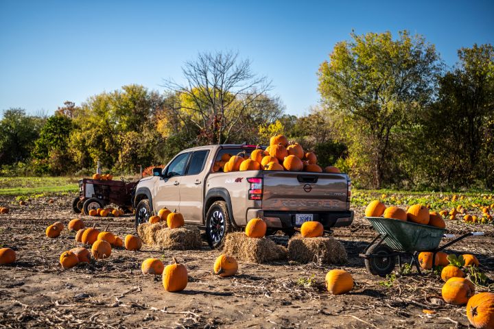 2022 Nissan Frontier with pumpkins in the back.