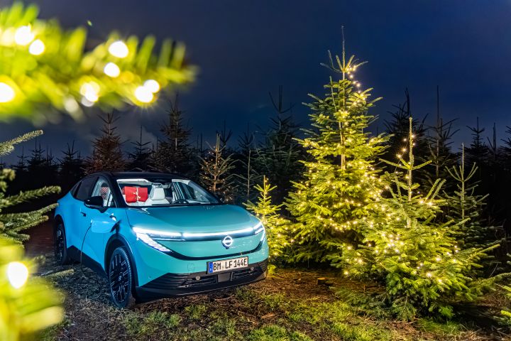 Blick durch Tannenzweige auf einen beleuchteten Nissan LEAF in Türkisblau, dessen Akku aufgeladen wird