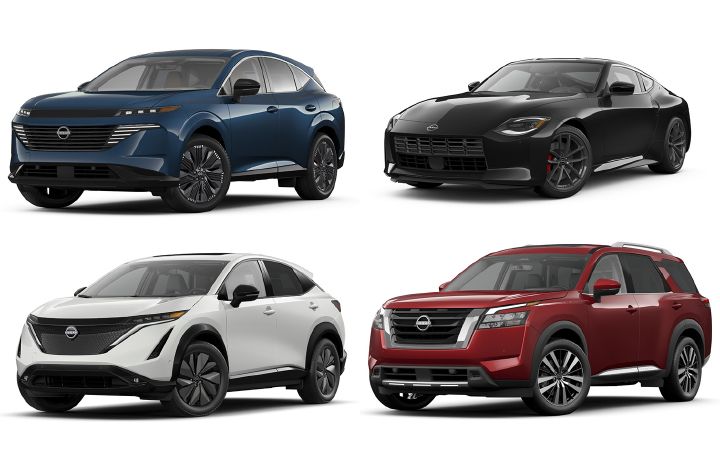 A collage of the Nissan Murano, Z, Ariya and pathfinder against white backgrounds.