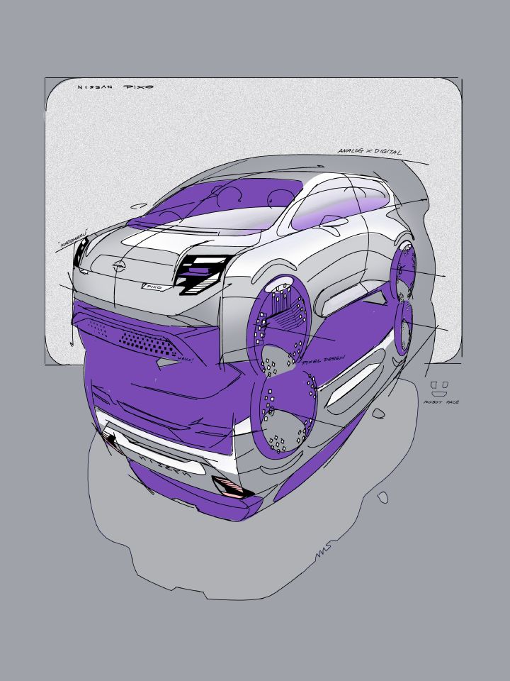 Purple and grey automotive concept sketch presents two views of a futuristic, low-slung car with oversized patterned wheels, sculpted bodywork, and dramatic aerodynamic surfaces