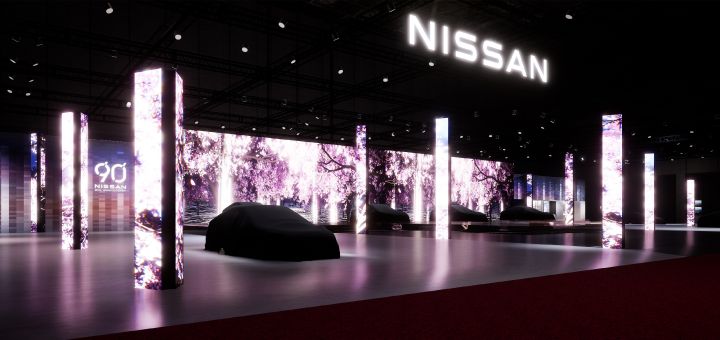 Nissan concepts covered with sheets at the Japan Mobility Show.