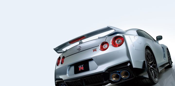 Ultimate metal silver GT‑R 2025 photo taken from rear side with white background