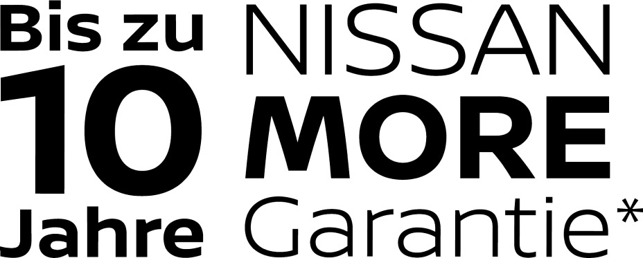 Auf weißem Hintergrund steht der schwarze Text: Bis zu 10 Jahre Nissan MORE Garantie*