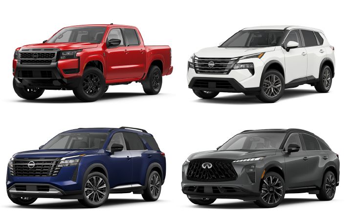 Four Nissan models in a collage format all face to the left at an angle.