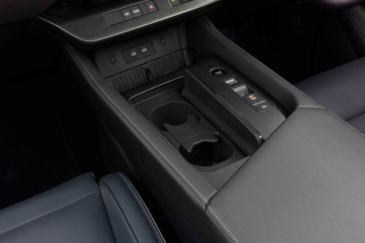 A close-up of the center console of a Fuji-dawn-colored Elgrand. Additional storage and control buttons are visible, showing attention to detail in the design.