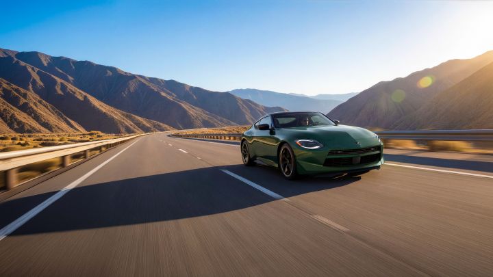 A Nissan Z driving on a desert highway during the daytime.