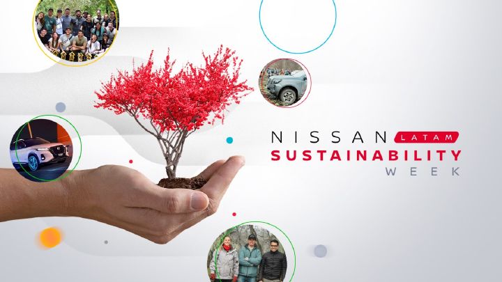 A frase “Nissan LATAM Sustainability Week”, próximo de uma mão sustentando uma cerejeira e alguns detalhes de desenho.