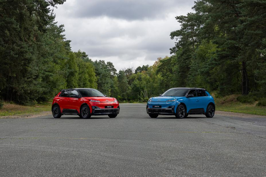 Red and Blue Micras posed in front of trees facing forwards