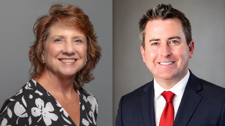 A collage of two headshots featuring Tracy Woodard and David Bauer