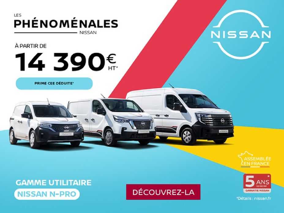 Image statique de la gamme de fourgons Nissan N-Pro devant une concession Nissan aux couleurs de la campagne avec les offres promotionnelles