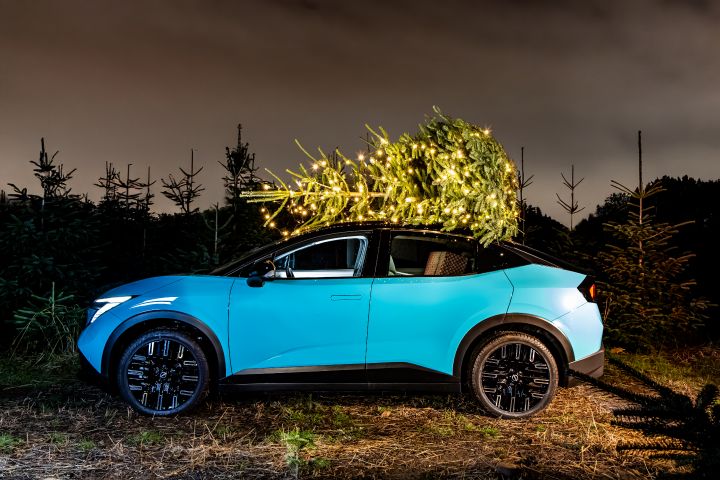 Seitenansicht eines Nissan LEAF, der einen Tannenbaum mit Lichterkette auf dem Dach transportiert