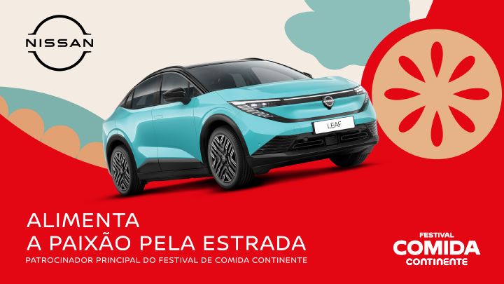 Cartaz gráfico com Nissan LEAF azul ao centro e rodela de laranja alusiva ao Festival de comida