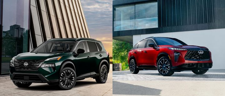 Collage of a 2026 Nissan Rogue Dark Armor placed in front of a modern building and INFINITI QX65 parked near a modern building.