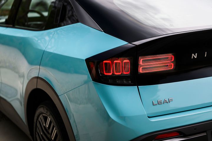 Angled view of the side and rear of the 2026 Nissan LEAF.