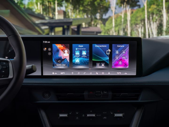 ダッシュボードに美しく一体化された2基の14.3インチディスプレイを選択できる新型日産ローグ ハイブリッド。洗練されたモダンな空間と直感的な操作性を実現している。