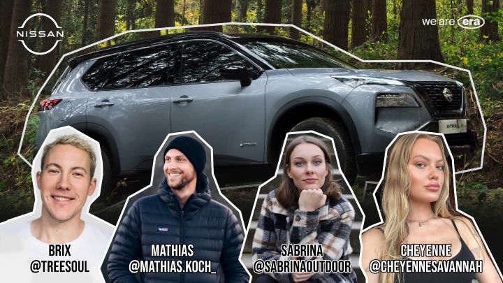 Im Hintergrund steht ein grauer Nissan X‑Trail N-Trek im Wald. Im Vordergrund sind die Porträts der vier Influencer*innen Brix Schaumburg, Mathias Koch, Sabrina Outdoor und Cheyenne Ochsenknecht eingebunden