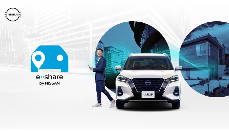 Logo de e-share Nissan. Se muestra hombre de traje con celular en la mano y Nissan Kicks e‑POWER. En el fondo de la foto hay imágenes de vías públicas.