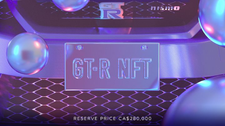 Photo de la GT‑R NFT avec la légende indiquant « Prix de réserve 280 000 $ CA »