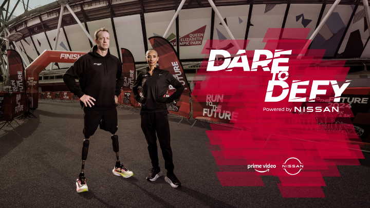 Dare To Defy presenters and Nissan Ambassadors Richard Whitehead (left) and Adele Roberts (left) pose together outside the London Olympic Stadium, where they staged Run To The Future, a fully inclusive mass-participation running event that features in episode three - with the Dare to Defy logo overlayed