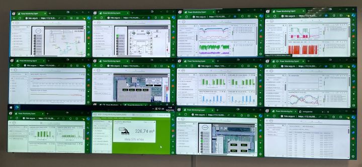 Imagem de painel eletrônico composto por seis telas que mostram o monitoramento do uso de recursos naturais no Complexo Industrial da Nissan em Resende.