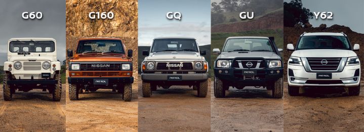 Compilation image of five generations of Nissan Patrol, from G60 to Y62 V8, with each generation's name