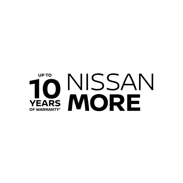 Een witte achtergrond met de tekst "Up to 10 years of warranty - Nissan More in zwarte letters