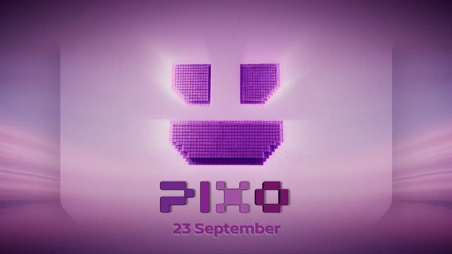 Teaser bilde av nye Nissan PIXO. Et bilde med mye pixler med teksten «23. September» vises frem. Den har pixel inspirert design og neonlys effekt.