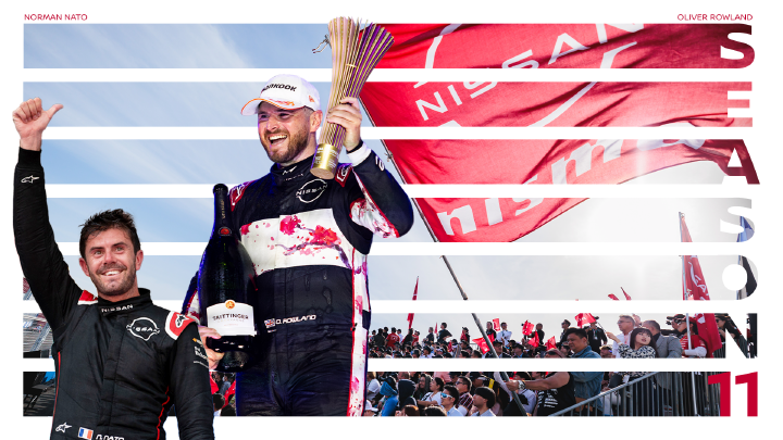 Graphic design of Norman and Oli in Nissan Formula E Team gear on podiums, pasted in front of a big Nissan flag