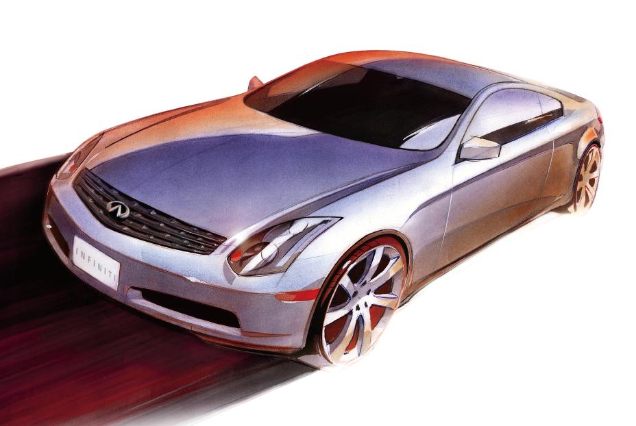 A sketch, finished in water color of the front of the G Coupe finished in silver.