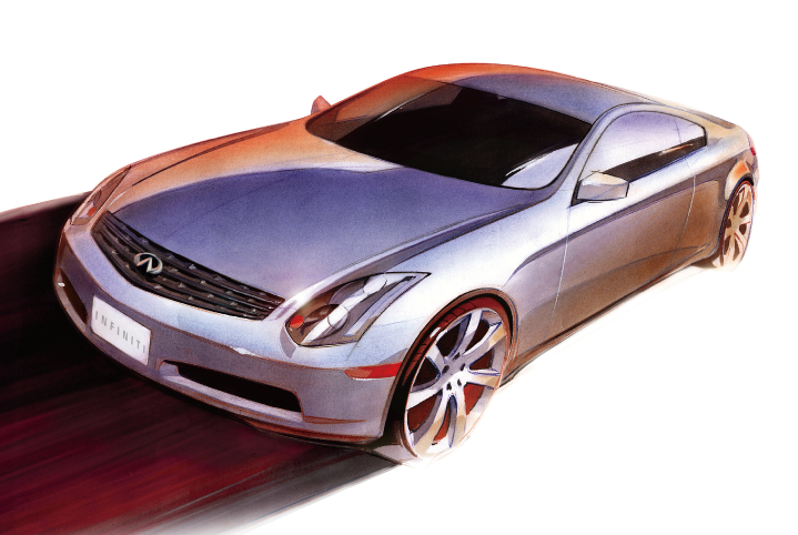 A sketch, finished in water color of the front of the G Coupe finished in silver.