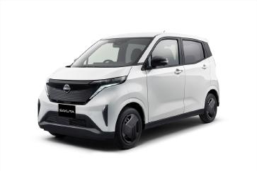 白い「日産サクラ」を無地の明るい背景の前で、車両の左前方から斜めに撮影した画像。フロントから側面にかけてのデザインが分かりやすく、車両は画面中央に配置されている。