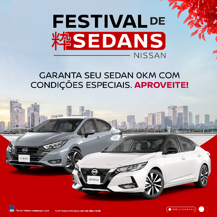 Cartaz promocional do festival de Sedans com os modelos de Sedans Nissan, Sentra e Versa, em um fundo vermelho com a imagem de uma cidade ao fundo