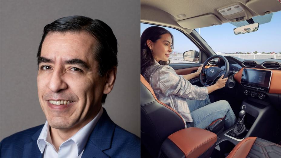 Foto de Humberto Gómez, director senior de Mercadotecnia de Nissan Mexicana. La otra mitad de la foto sale una mujer dentro de un vehículo Nissan.