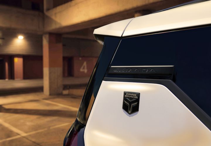 Close up of the "Dark Armor" badge on the rear window of the 2027 Nissan Armada Dark Armor.