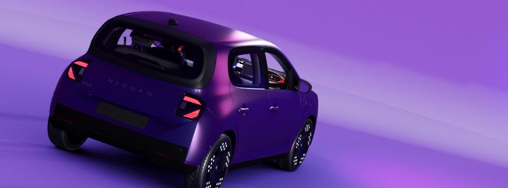 3D-rendered photograph of a compact purple hatchback viewed from rear three-quarter angle against a violet studio backdrop. Sleek taillights, dark rear window, black wheels, and reflective bodywork emphasize vehicle styling and design.