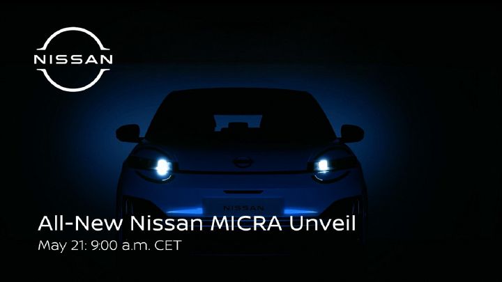 dimmed lights on new Micra with headlamps with text All New Nissan Micra Unveil on 21 May at 9am CET, Including Nissan Logo