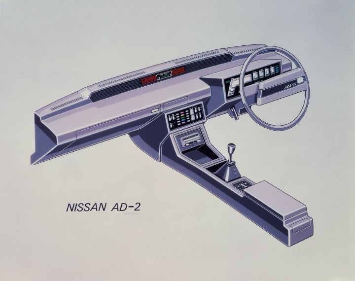 colored sketch of a sleek vintage dashboard and center console with a chrome color scheme.