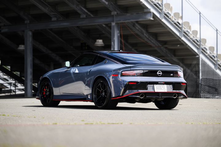 Angled rearview of the 2027 Nissan Z NISMO Manual Transmission parked near stadium se