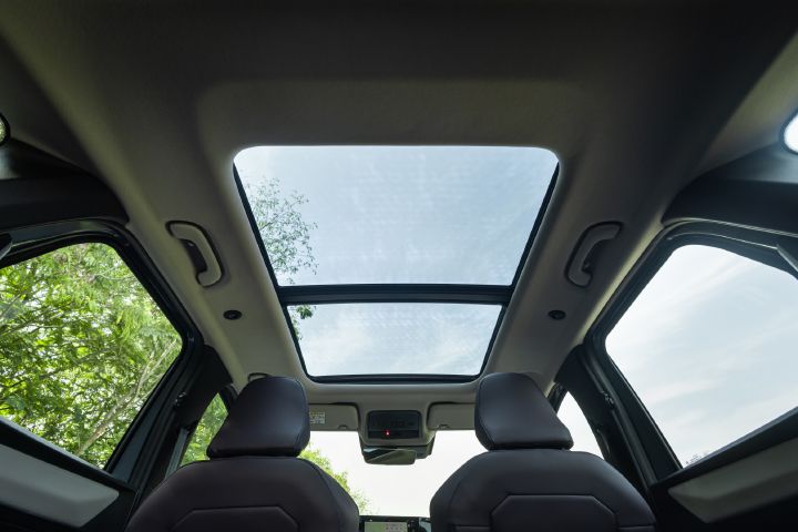 Interior view looking upward through the Tekton’s panoramic glass roof.