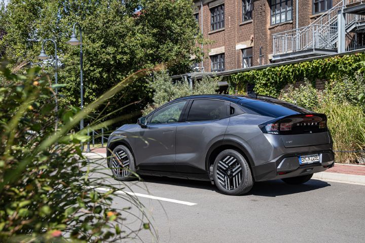 3/4 Heckansicht eines grauen Nissan Leaf, der auf einer Straße steht, im linken Bildvordergrund sind grüne Pflanzen zu sehen